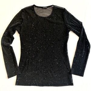 Allchic Glitter Sheer Mesh Long Sleeve Black Top Women’s Size XL